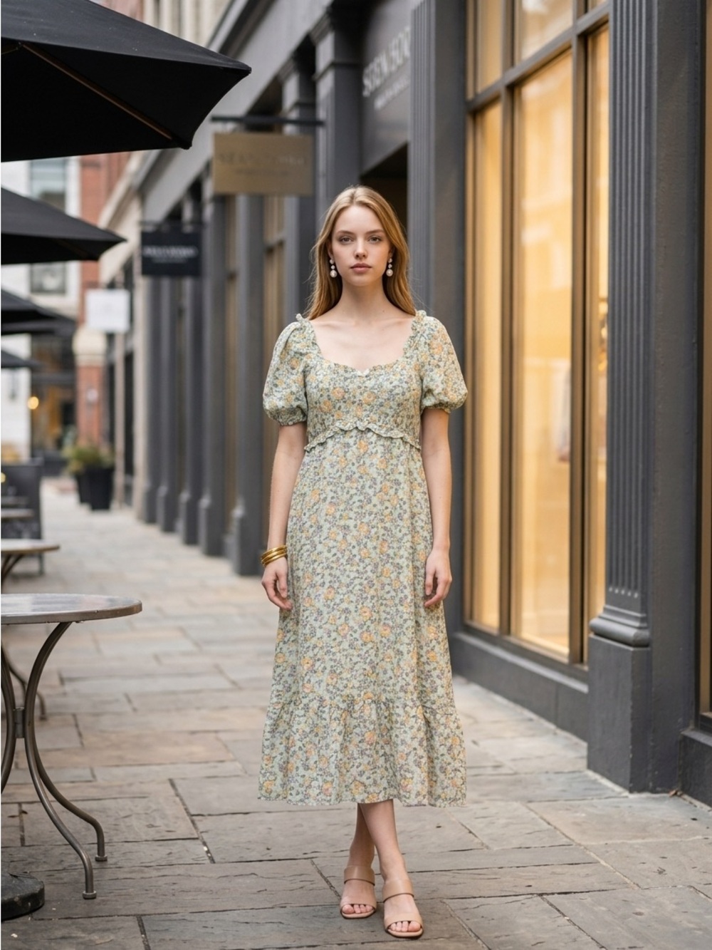 Blu Pepper Sage Floral Puff-Sleeve Midi Dress